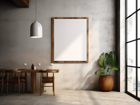A restaurant interior with brown table standing near rectangular and round wooden tables. Mockup poster in the cafeteria