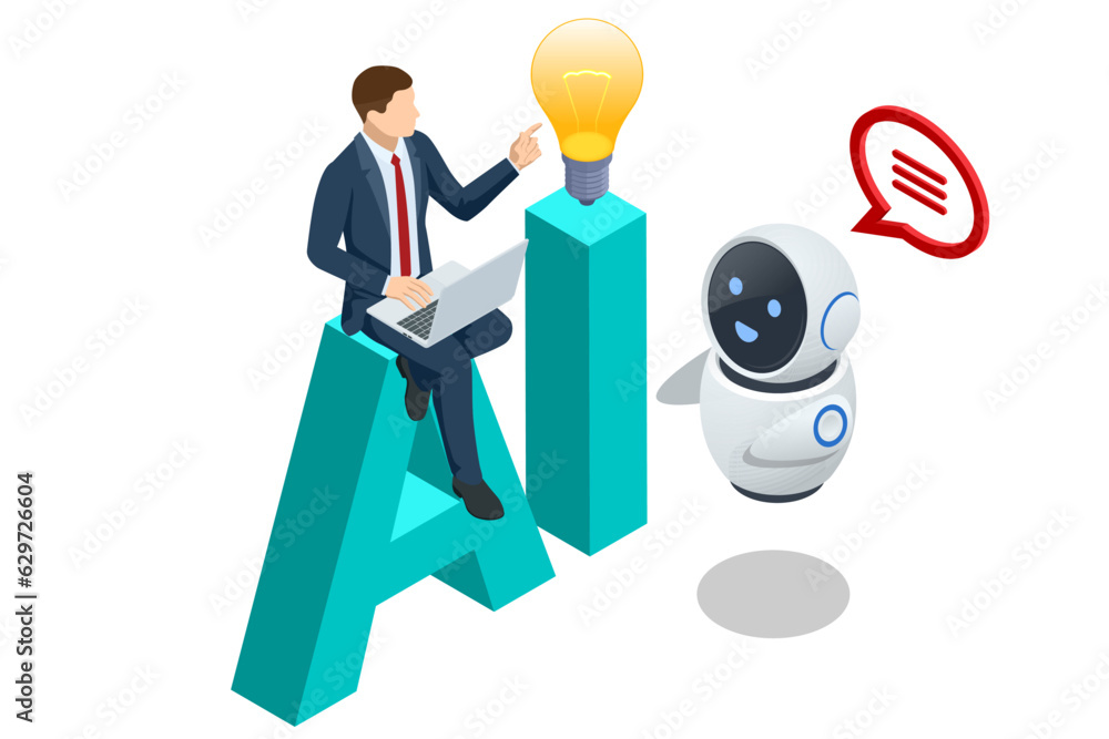 Poster isometric artificial intelligence, knowledge expertise intelligence learn. internet connect chatgpt 