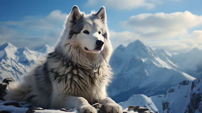 Siberian husky dog looking at clear blue sky and majestic winter mountain. Husky dog at the top of mountain looking at snow-covered mountain