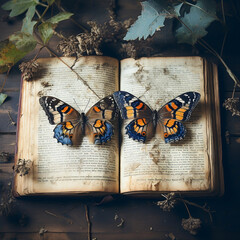 Whimsical Butterfly Perched on an Ancient Poetry Book