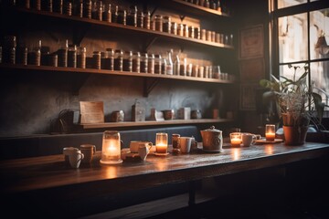 Scandinavian kitchen interior with cozy warm light. Hygge atmosphere