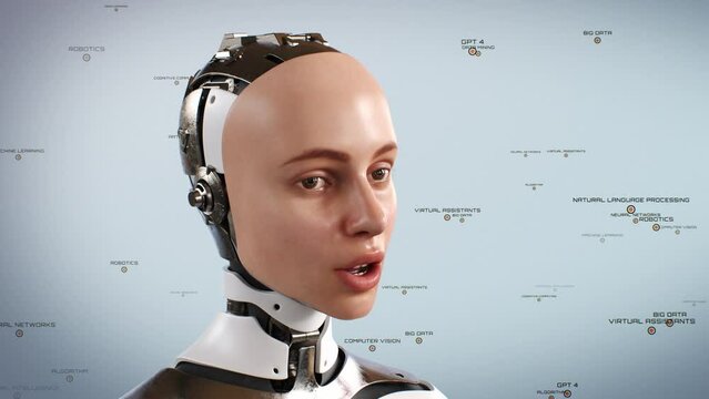 Face portrait of AI female robot. Realistic 3D graphics with computer generated cyborg in futuristic metaverse digital world. Innovative technologies with artificial intelligence. Chatbot software.