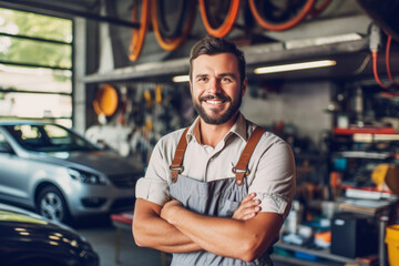 Advertising portrait shot of a car mechanic in front of the garage . Generative Ai