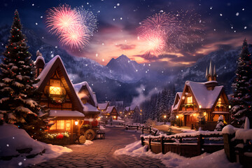 New Year celebration. Fireworks in the sky. Snow and winter atmosphere. Background, wallpaper. AI...