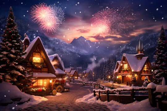 New Year celebration. Fireworks in the sky. Snow and winter atmosphere. Background, wallpaper. AI Generated