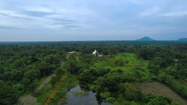Aerial drone flying above the beautiful village with views of the Temple Buddhist Stupa Sri Lanka. Aerial view of the pagoda. Zoom in Footage by drone.