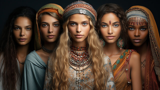 differenti bellezze di culture diverse, indiane, marocchine, africane  ukraine, caucasiche, concetto di uguaglianza nelle razze, 