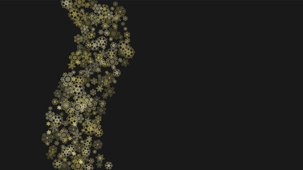 Gold snowflakes frame on black background. New year theme. Horizontal shiny Christmas frame for holiday banner, card, sale, special offer. Falling snow with gold snowflake and glitter for party invite