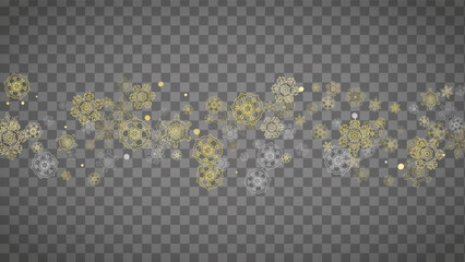 Isolated snowflakes on horizontal transparent grey background. Gold glitter snow. Winter sales, Christmas and New Year design for party invitation, banner, sale. Magic crystal isolated snowflakes.