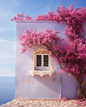 finestra azzurra di tipica casa bianca in isola greca, buganville rosa in san torini 