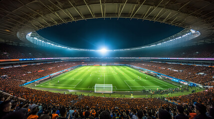 Fototapeta na wymiar Modern soccer football stadium with soccer fans cheering their team illuminated by spotlights and empty green grass playground. Sport building stadium with floodlights cinematic background