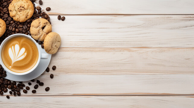 a cup of coffee with cinnamon sticks and cookies on a wooden background with empty space on the insert top view. Generative Ai. 
