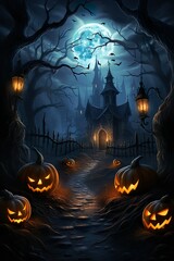 Fototapeta na wymiar halloween scene horror background with creepy pumpkins of spooky halloween haunted mansion Evil houseat night with full moon | Generative AI