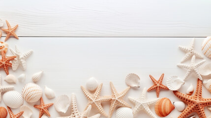 Fototapeta na wymiar starfish shells on white wooden background top view. Generative Ai. 