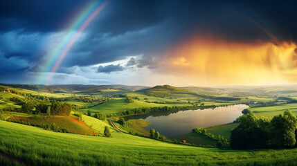 landscape with a rainbow after a thunderstorm. Generative Ai. 