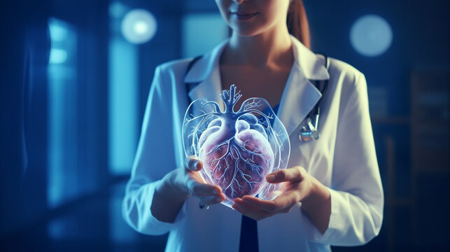 woman with heart on her palms, cardiology healthcare concept. Generative Ai. 