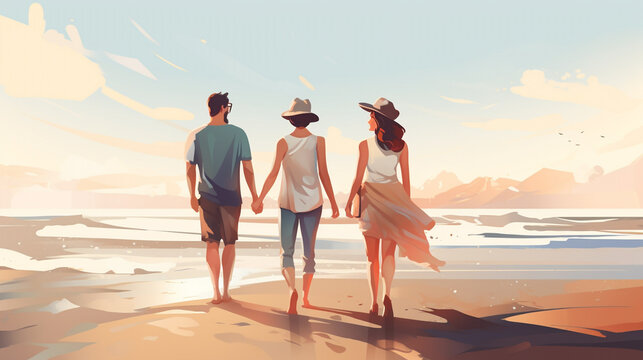 two women and a man walking on the beach at sunset, colorful illustration. Generative Ai. 