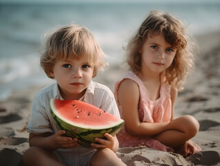 Portrait of happy children playing on the beach, cute siblings playing while on summer vacation