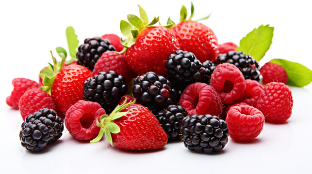 raspberries, strawberries blackberries white background close-up. Generative Ai. 
