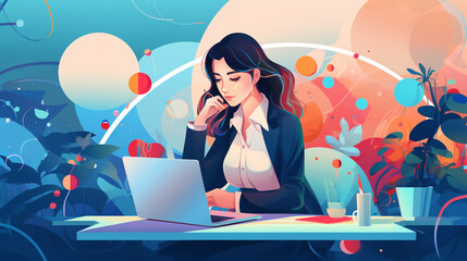 girl working in the office behind a laptop on a colorful abstract background, illustration. Generative Ai. 