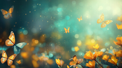 yellow butterflies on blurred background abstract illustration. Generative Ai. 