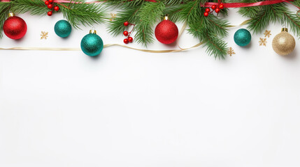 Fototapeta na wymiar Christmas background with Christmas tree branches and colorful balls on a white background with empty space to insert. Generative Ai. 