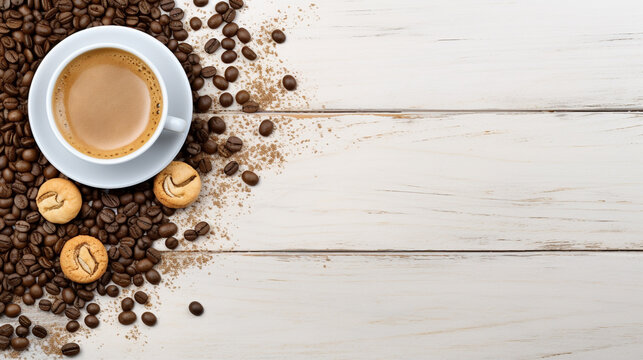 cup of coffee with beans on wooden background with empty space to insert. Generative Ai. 