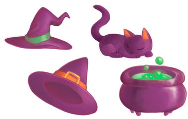 set hallowen bruja tematica dia de brujas caldero sombrero y gato negro render digital lindo