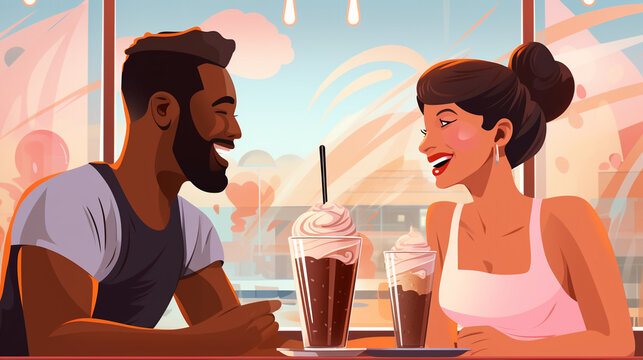 man and woman couple in love with glasses of cocktail in cafe, illustration. Generative Ai. 