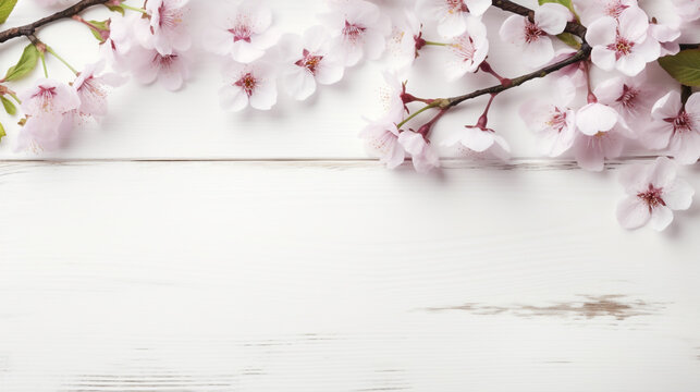 Sakura flowers on a white wooden background with empty space to insert. Generative Ai. 