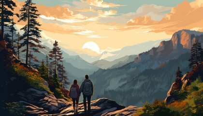 Couple hiking in the mountains in the summer outdoors