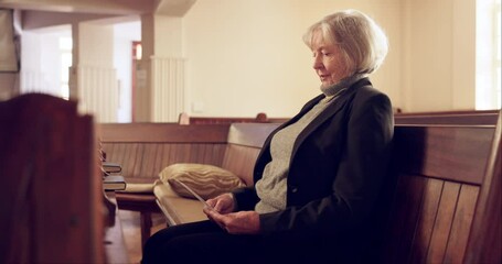 Christian, waiting and senior woman in a church for service for spiritual wellness and prayer. Holy, peace and elderly female person sitting on wood bench for Sunday worship sermon in religion chapel