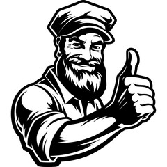 Fisherman with beard thumbs up black silhouette logo vector