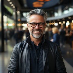 Obraz premium Good looking smiling older man with glasses, in an elegant outfit, A Man with Character: Gray-haired gentleman.