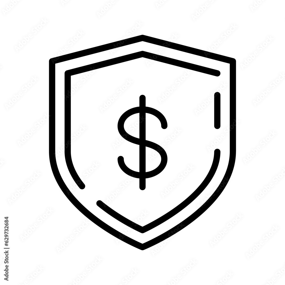 Poster black single money protection shield line icon, simple dollar shield shape flat design pictogram, in