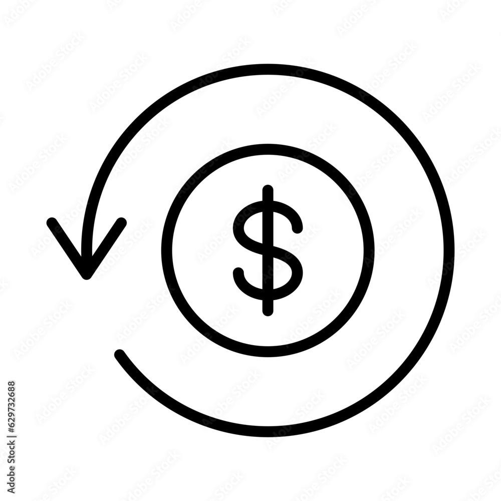 Poster black round money back refund investment line icon, financial repeat arrow flat design vector pictog