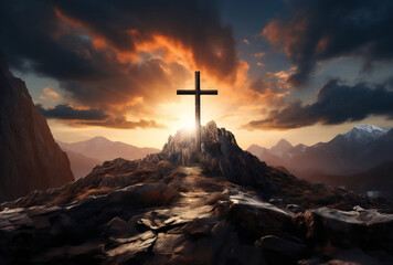 Resurrection Rising, Christian Iron Cross in a Stunning Sunset Over Colorful Mountain
