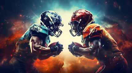 Super bowl players versus. American football player. Sportsman with ball in helmet on stadium in action. Sport and motivation 
 - obrazy, fototapety, plakaty