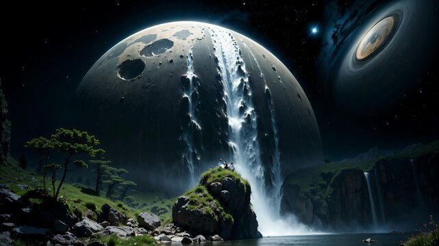 Paisaje nocturno de una cascada saliendo de la luna