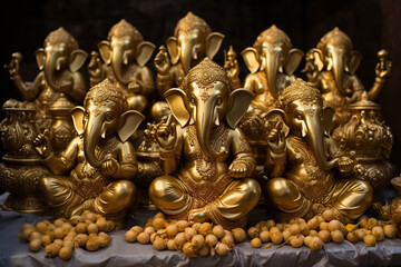Fototapeta na wymiar Golden Ganesha statues in serene sitting pose with beautifully decorated hands and arms
