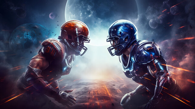 Super bowl players versus. American football player. Sportsman with ball in helmet on stadium in action. Sport and motivation 
