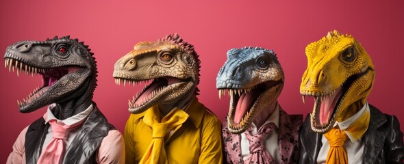 Four dinosaurs dressed in different colors