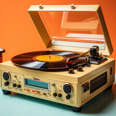Fototapeta premium Retro vinyl record player music notes on orange 