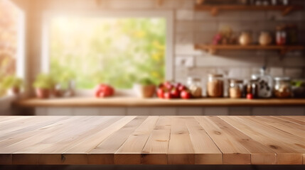 Wooden table on blurred kitchen bench background. Empty wooden table and blurred kitchen background - Powered by Adobe