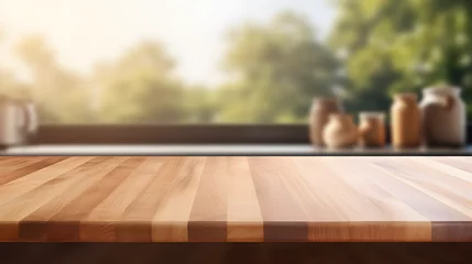 Foto op Plexiglas Wooden table on blurred kitchen bench background. Empty wooden table and blurred kitchen background © Clipart Collectors