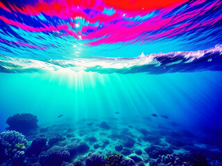the scene with the reef. Sea Underwater Colorful Background with The sun shining down. generative AI Pro Photo 
