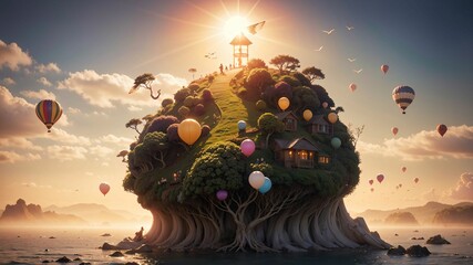 Bosque de ensueño con casas y globos volando alrededor