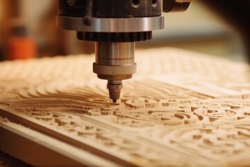 A close-up shot of a CNC machine in action, cutting intricate patterns into a wooden surface with high precision. Generative AI