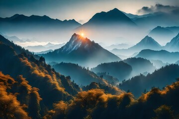 the view of sunrise over the cloudy mountains ai generated 