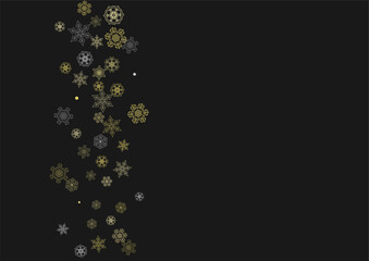 Glitter snowflakes frame on black horizontal background. Shiny Christmas and New Year frame for gift certificate, ads, banners, flyers. Falling snow with golden glitter snowflakes for party invite